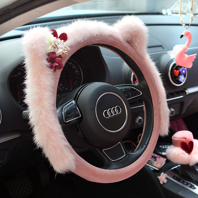 Genuine Leather Lace-Up Steering Wheel Cover - Pink, Size: Universal
